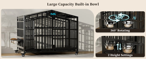 EasyCom Heavy Duty Metal Dog Crate with Bowls and Wheels