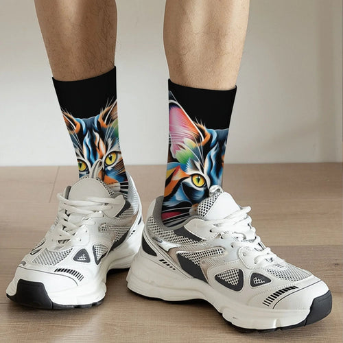Rainbow Maine Coon Cat Themed Men's Mid-Calf Socks Non-Slip Skin-Friendly Soft Funny Stylish Streetwear Outdoor Skateboard Socks