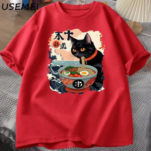 Kawaii Cat Anime Tshirt Ramen Japanese Funny Graphic Tee Kawaii Noodle Cat Tee Shirt Man Short Sleeve T-shirt Harajuku Clothes