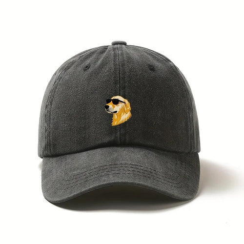 Wearing sunglasses, a golden retriever printed baseball cap, a gift for dog lovers with multiple colors to choose from