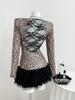 Benuynffy Leopard Print Scoop Neck Sequins T Shirt Women Spring Summer Fashion Long Sleeve Sexy Backless Lace Party Tops Tee