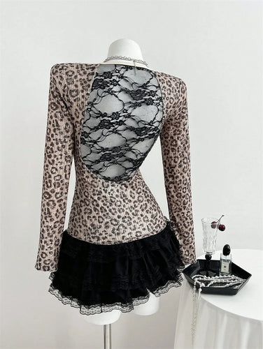 Benuynffy Leopard Print Scoop Neck Sequins T Shirt Women Spring Summer Fashion Long Sleeve Sexy Backless Lace Party Tops Tee