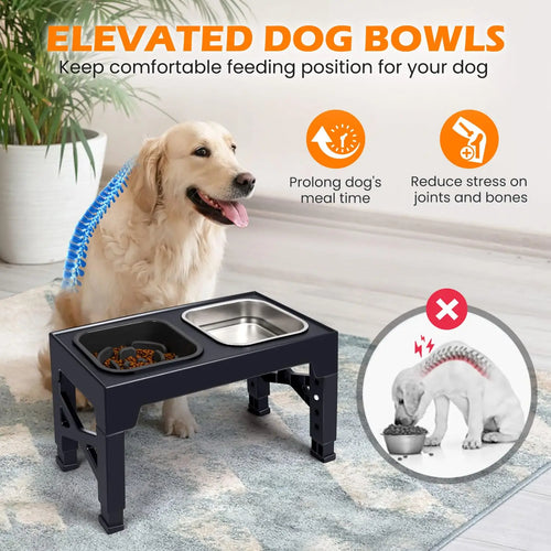 Elevated Slow Feeder Dog Bowls - 5 Heights Adjustable Stand