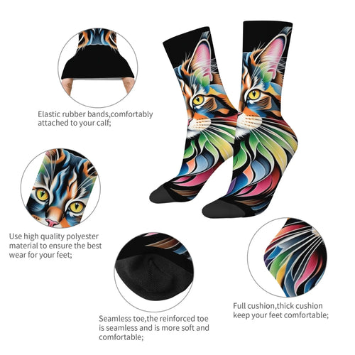 Rainbow Maine Coon Cat Themed Men's Mid-Calf Socks Non-Slip Skin-Friendly Soft Funny Stylish Streetwear Outdoor Skateboard Socks
