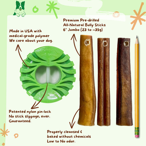SafetyChew Plus Medium Dog Starter Pack: Heavy-Duty Bully Stick Holder + All-Natural Bully Sticks for Dogs 16-39+lbs