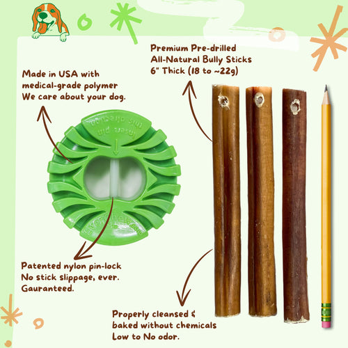 SafetyChew Plus Medium Dog Starter Pack: Heavy-Duty Bully Stick Holder + All-Natural Bully Sticks for Dogs 16-39+lbs