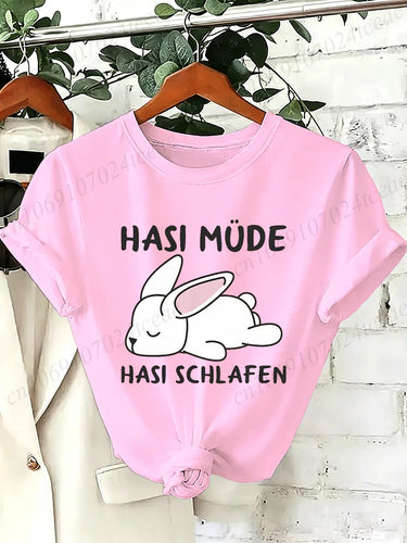 Bunny Is Tired T Shirts Lazy Bunny Graphic Tee Women Casual O Neck Short Sleeve Loose Streetwear Cute Rabbit Print T-Shirt Tops