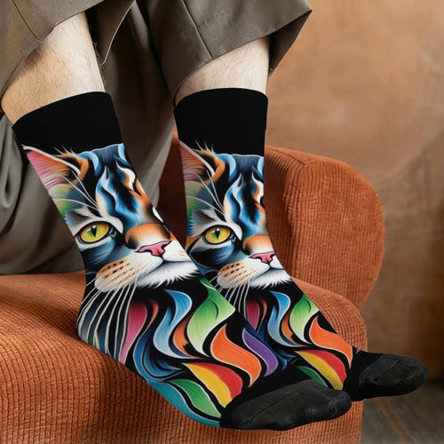 Rainbow Maine Coon Cat Themed Men's Mid-Calf Socks Non-Slip Skin-Friendly Soft Funny Stylish Streetwear Outdoor Skateboard Socks