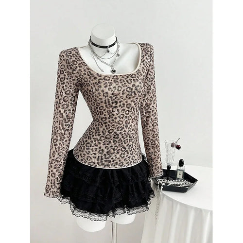 Benuynffy Leopard Print Scoop Neck Sequins T Shirt Women Spring Summer Fashion Long Sleeve Sexy Backless Lace Party Tops Tee