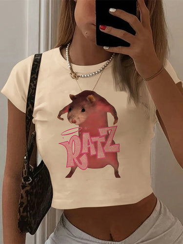 Kawaii Rat Ratz Mouse Cropped Print Crew Neck T-shirt Y2K Short Sleeve Tight Fit Crop Top Spring Summer Women's Clothing