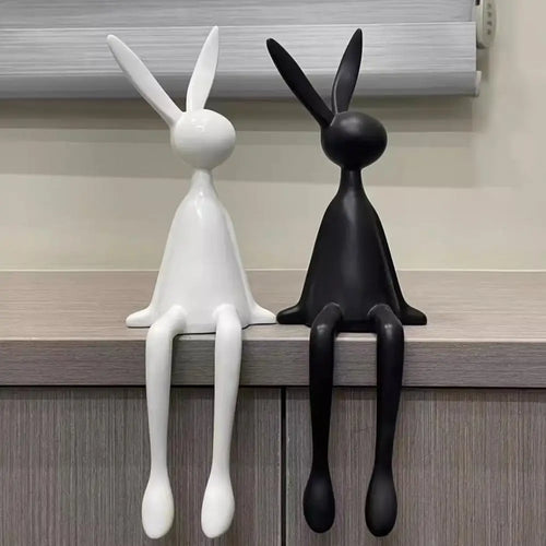 25cm Sitting Rabbit Figurine Long-legged Bunny Resin Statue Animal Sculpture Home Office Bookshelf Desktop Easter Decor Ornament