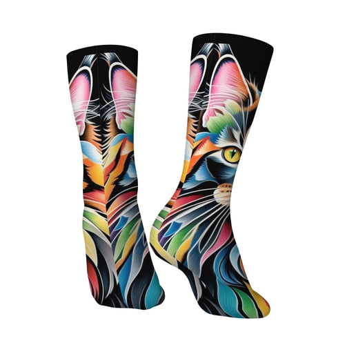 Rainbow Maine Coon Cat Themed Men's Mid-Calf Socks Non-Slip Skin-Friendly Soft Funny Stylish Streetwear Outdoor Skateboard Socks