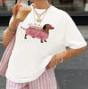Cartoon Funny Dachshund Print Women's T-shirt Casual Round Neck Fashionable White T-shirt Suitable for Women in Summer