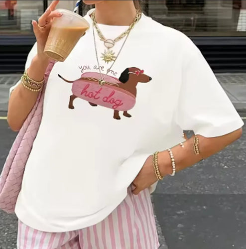 Cartoon Funny Dachshund Print Women's T-shirt Casual Round Neck Fashionable White T-shirt Suitable for Women in Summer