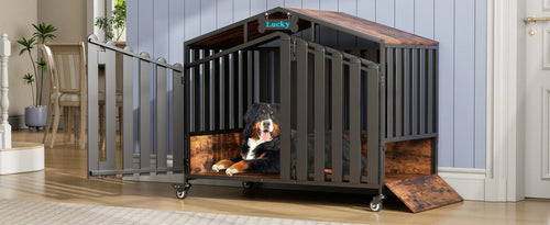Heavy Duty Dog Crate Furniture with Wheels for Large Dogs