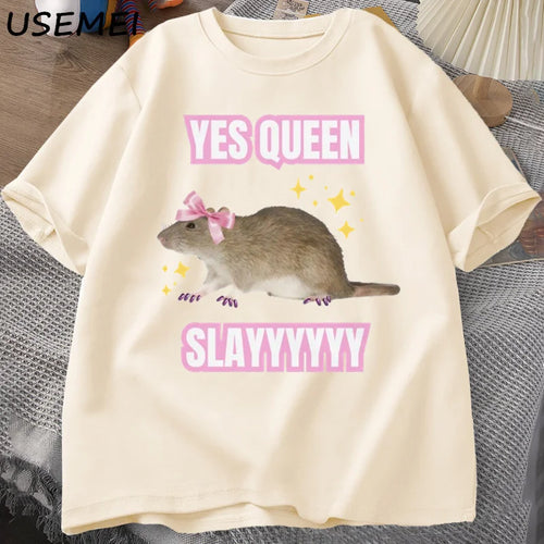 Yas Queen Slay T Shirt Humor Funny Cotton Short Sleeve Rat T-Shirt Men's Clothing Harajuku Retro Oversized Cotton T Shirt