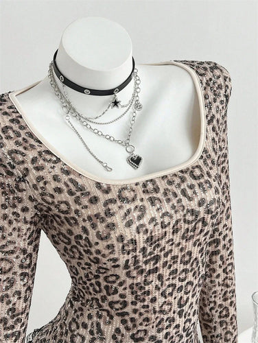 Benuynffy Leopard Print Scoop Neck Sequins T Shirt Women Spring Summer Fashion Long Sleeve Sexy Backless Lace Party Tops Tee