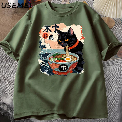 Kawaii Cat Anime Tshirt Ramen Japanese Funny Graphic Tee Kawaii Noodle Cat Tee Shirt Man Short Sleeve T-shirt Harajuku Clothes
