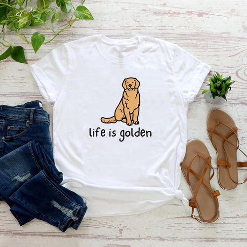 Cute Golden Retriever Dog Mom Tshirt Life Is Golden Shirt O-Neck T-shirts Casual Short Sleeve Tee English Retriever Gift Y2K Top