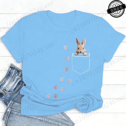 Pocket Bunny T-Shirts – Cute Rabbit Paw Prints T-Shirt Funny Bunny Graphic Tee Tops Sweet Rabbit Sitting in The Pocket Shirt