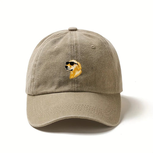 Wearing sunglasses, a golden retriever printed baseball cap, a gift for dog lovers with multiple colors to choose from