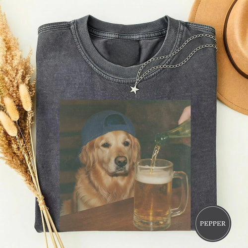 Summer Women's T-shirt, Funny Golden Retriever Drinking Beer T-shirt Printed T-shirt