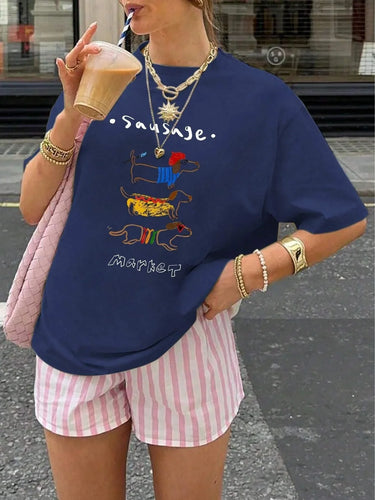 Dachshund and letter print short-sleeved T-shirt Casual and versatile style Suitable for summer daily wear and going out