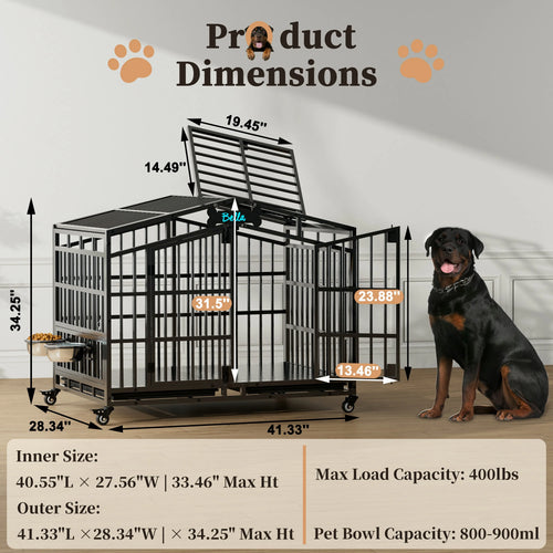 EasyCom Heavy Duty Metal Dog Crate with Bowls and Wheels