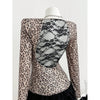 Benuynffy Leopard Print Scoop Neck Sequins T Shirt Women Spring Summer Fashion Long Sleeve Sexy Backless Lace Party Tops Tee