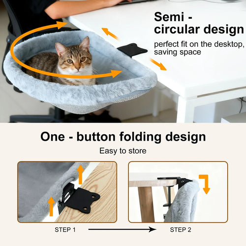 Cat Desk Bed One-Click Folding Sunken Design Space-Saving Semi-Circular Cat Desk Hammock Perch For Home Office Indoor Cats