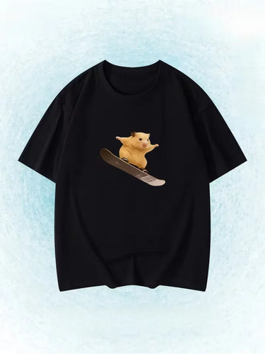 Funny Snowboarding Hamster Animal Print T-Shirt Cute Meme Loose Short Sleeve Unisex Casual Summer Top for Women Daily Y2k Tops