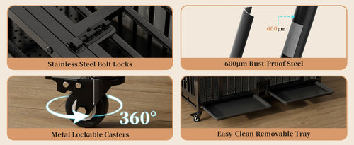 EasyCom Heavy Duty Metal Dog Crate with Bowls and Wheels