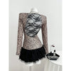 Benuynffy Leopard Print Scoop Neck Sequins T Shirt Women Spring Summer Fashion Long Sleeve Sexy Backless Lace Party Tops Tee