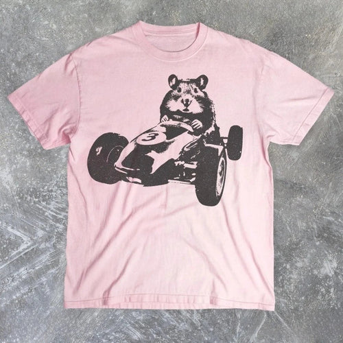 Funny Hamster Racing Y2K Retro Pattern T-shirt, Unisex Silly Hamster Aesthetic Shirt, 90s Retro Animal T-shirt, Humorous Gift