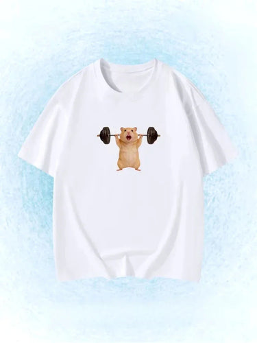 Funny Snowboarding Hamster Animal Print T-Shirt Cute Meme Loose Short Sleeve Unisex Casual Summer Top for Women Daily Y2k Tops