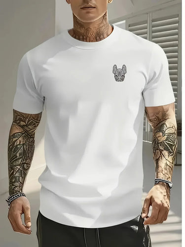 Minimal French Bulldog Chest Print Graphic Tee Men Breathable 100% Cotton Perfect Summer Streetwear Trendy Understated Casual
