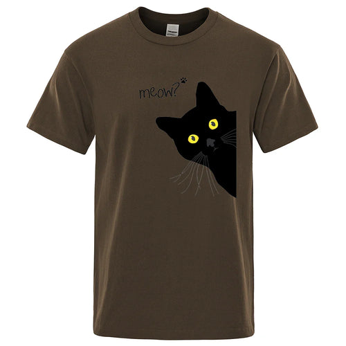 Meow Black Cat Funny Printing Men T-Shirts Breathable Tee Clothes Summer Streetwear Tops Oversized Loose Cotton Short Sleeve