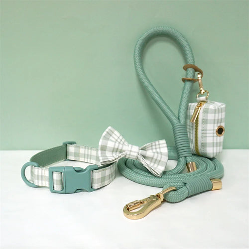 Luxury Bow Dog Collar Set | Cotton & Polyester | XS–XL | With Leash & Poop Bag
