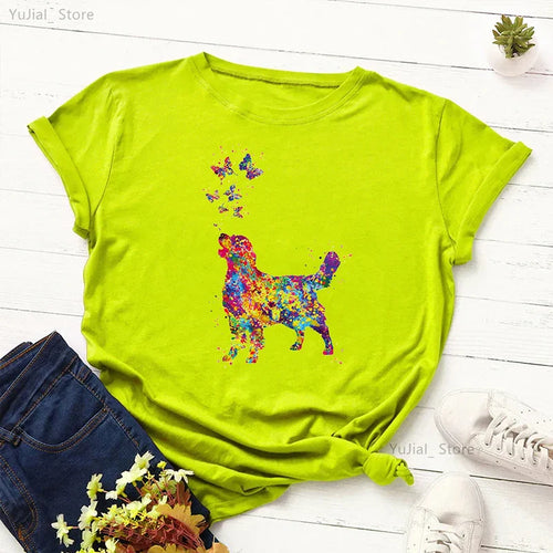 Golden Retriever Love Butterfly Animal Printed T Shirt Girls Watercolor Kawaii Dog Tshirt Summer Tops Fashion Solid T-Shirt