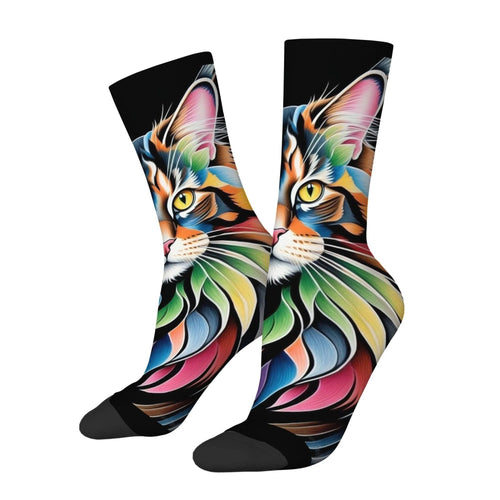 Rainbow Maine Coon Cat Themed Men's Mid-Calf Socks Non-Slip Skin-Friendly Soft Funny Stylish Streetwear Outdoor Skateboard Socks