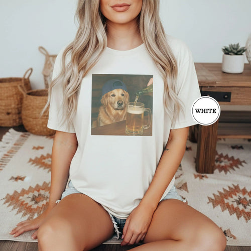 Summer Women's T-shirt, Funny Golden Retriever Drinking Beer T-shirt Printed T-shirt