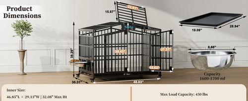 EasyCom Heavy Duty Metal Dog Crate with Bowls and Wheels
