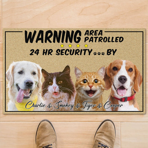 Warning Area Patrolled 24H, Personalized Custom Photo Dog Cat Doormat C832