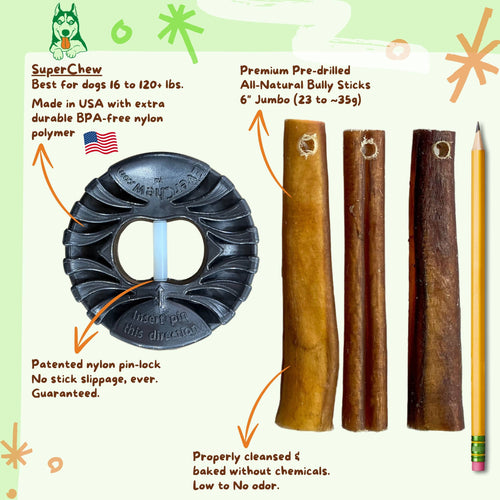 SuperChew Large Dog Starter Pack: Indestructible Bully Stick Holder + All-Natural Bully Sticks for Dogs 40+ lbs & Superchewers