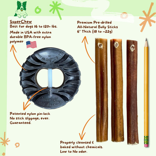 SuperChew Large Dog Starter Pack: Indestructible Bully Stick Holder + All-Natural Bully Sticks for Dogs 40+ lbs & Superchewers