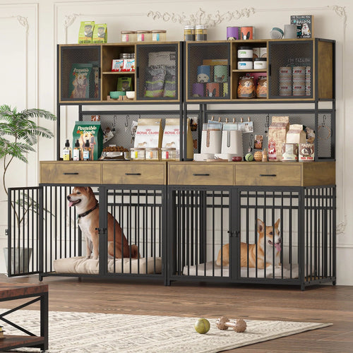 71 Tall Dog Crates Furniture, Indoor Dogs Kennel Furniture with Hutch, 42W Dog Cage Furniture for Large/Medium Dogs, Decorative Sturdy Pet House, Rustic Brown