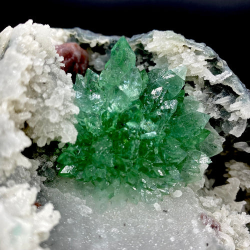 Rare Deep Green Apophyllite Flower with Red Stilbite on Calcite & Chalcedony | Old School Savda Quarry Zeolite Specimen, India DK103