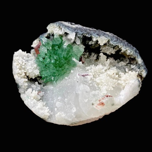 Rare Deep Green Apophyllite Flower with Red Stilbite on Calcite & Chalcedony | Old School Savda Quarry Zeolite Specimen, India DK103