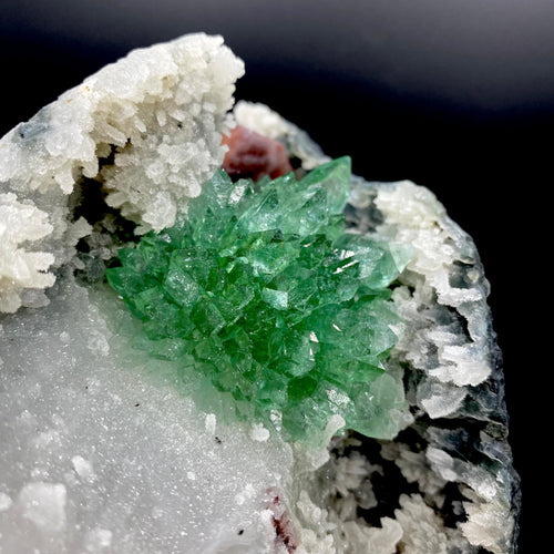 Rare Deep Green Apophyllite Flower with Red Stilbite on Calcite & Chalcedony | Old School Savda Quarry Zeolite Specimen, India DK103