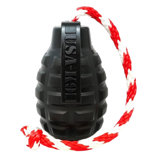 USA-K9 Magnum Grenade Shaped Durable Rubber Chew Toy, Treat Dispenser, Reward Toy, Tug Toy, and Retrieving Toy - Black Magnum